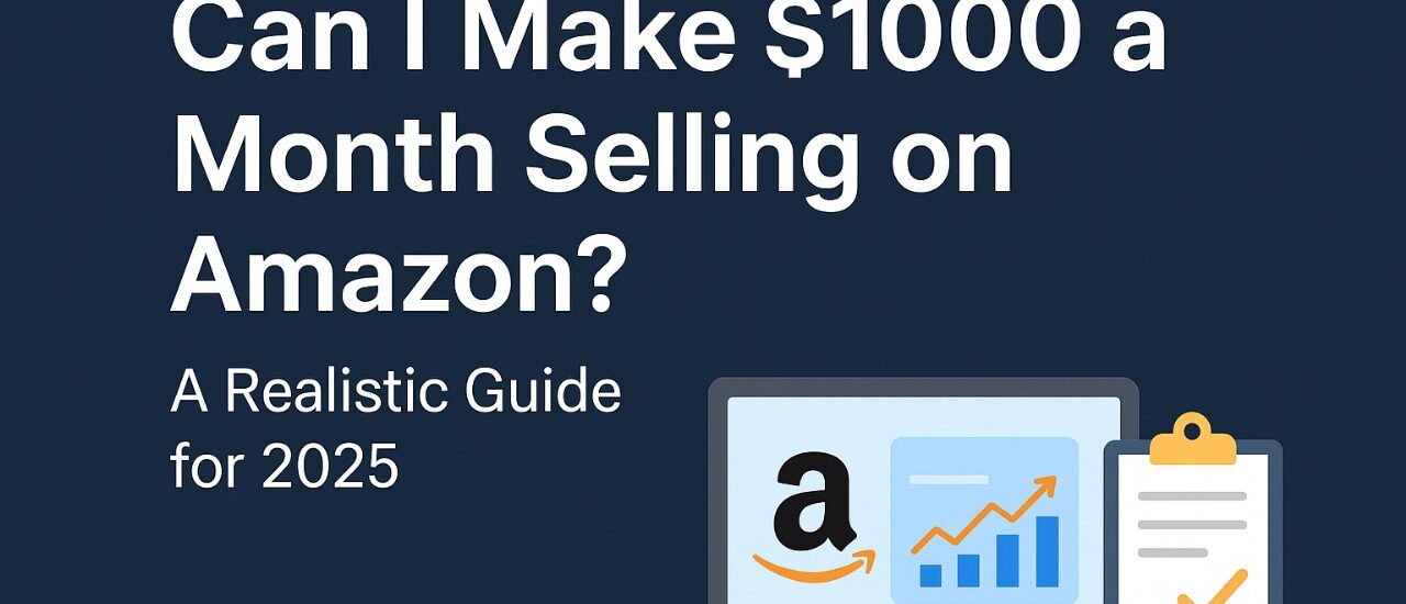 Amazon seller checking monthly income dashboard showing $1000 profit