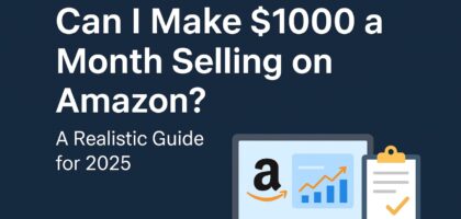 Amazon seller checking monthly income dashboard showing $1000 profit