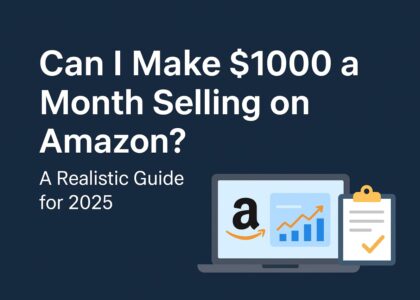 Amazon seller checking monthly income dashboard showing $1000 profit